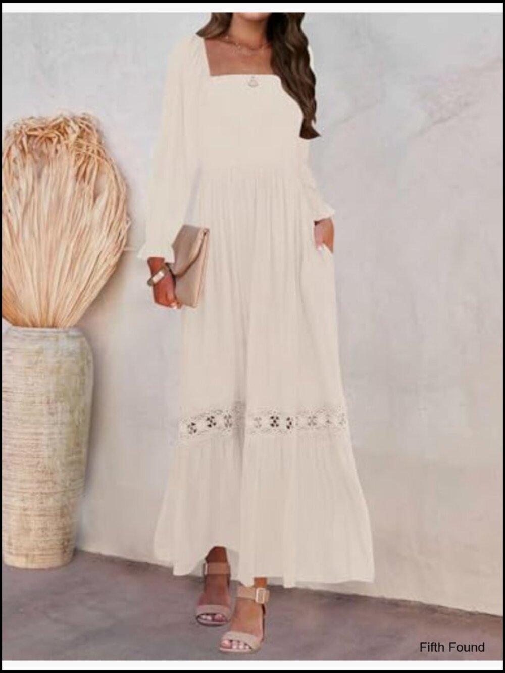 Boho Square Neck Smocked High Waist Maxi Dress Long Sleeve Lace Trim - Picture 2 of 7